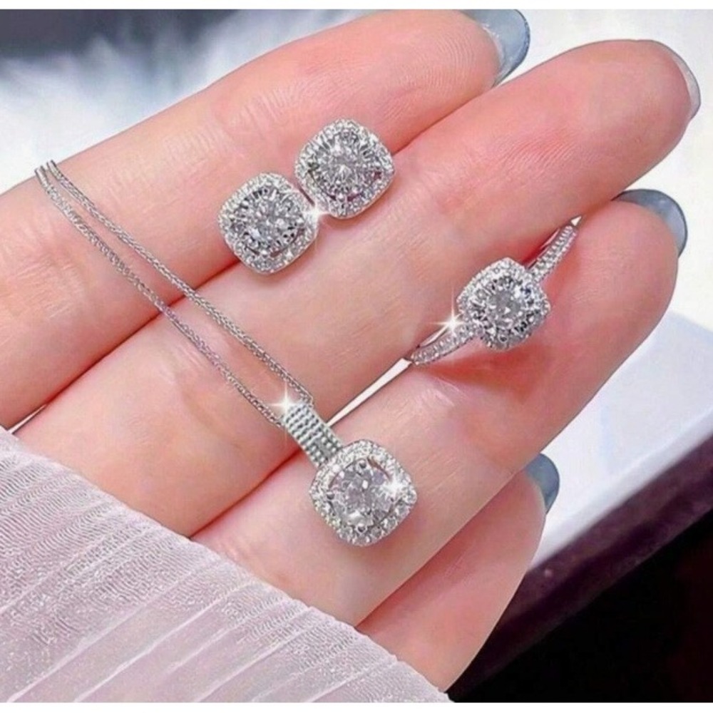 Silver Cubic Zirconia 3 Piece Jewelry Set Necklace Earring Ring Cushion Cut Halo